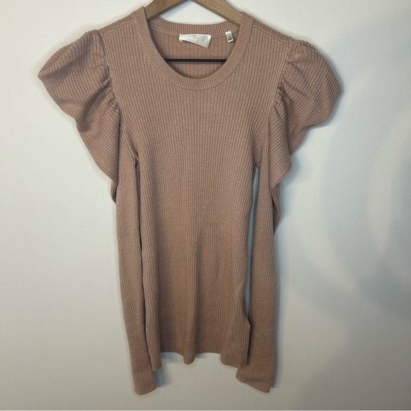 7 for All Mankind Pink Long Sleeve Ribbed Sweater with Puffy Shoulders, Size S - Picture 6 of 13